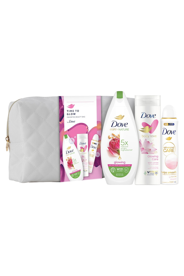 Dove Set : Gel de dus Glowing 225 ml + deodorant Calming Blossom 150 ml + lotiune de corp Glowing Care 250 ml + geanta cadou - Pled.ro