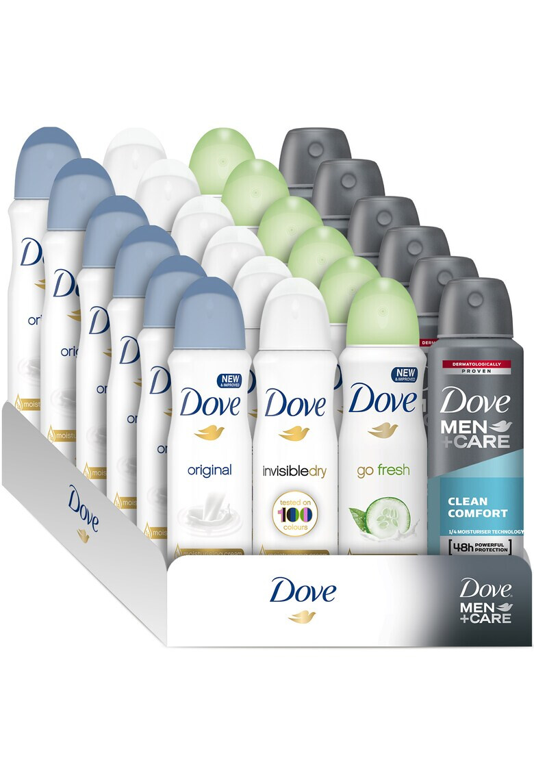 Dove Set & Men+Care Deodorant Spray x 24 buc: 8 x Deodorant spray Original 150 ml + 5 x Deodorant spray Fresh Touch 150 ml + 5 x Deodorant spray Invisible Dry 150 ml + 6 x Deodorant Men+Care spray Clean Comfort 150 ml - Pled.ro