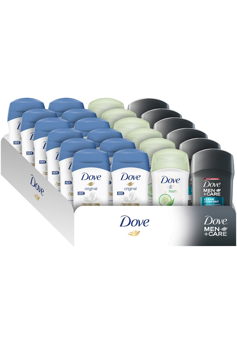 Dove Set & Men+Care Deodorant Stick x 24 buc: 12 x Deodorant stick Original 40ml + 6 x Deodorant stick Fresh Touch 40 ml + 6 x Deodorant Men+Care Stick Clean Comfort 50 ml - Pled.ro