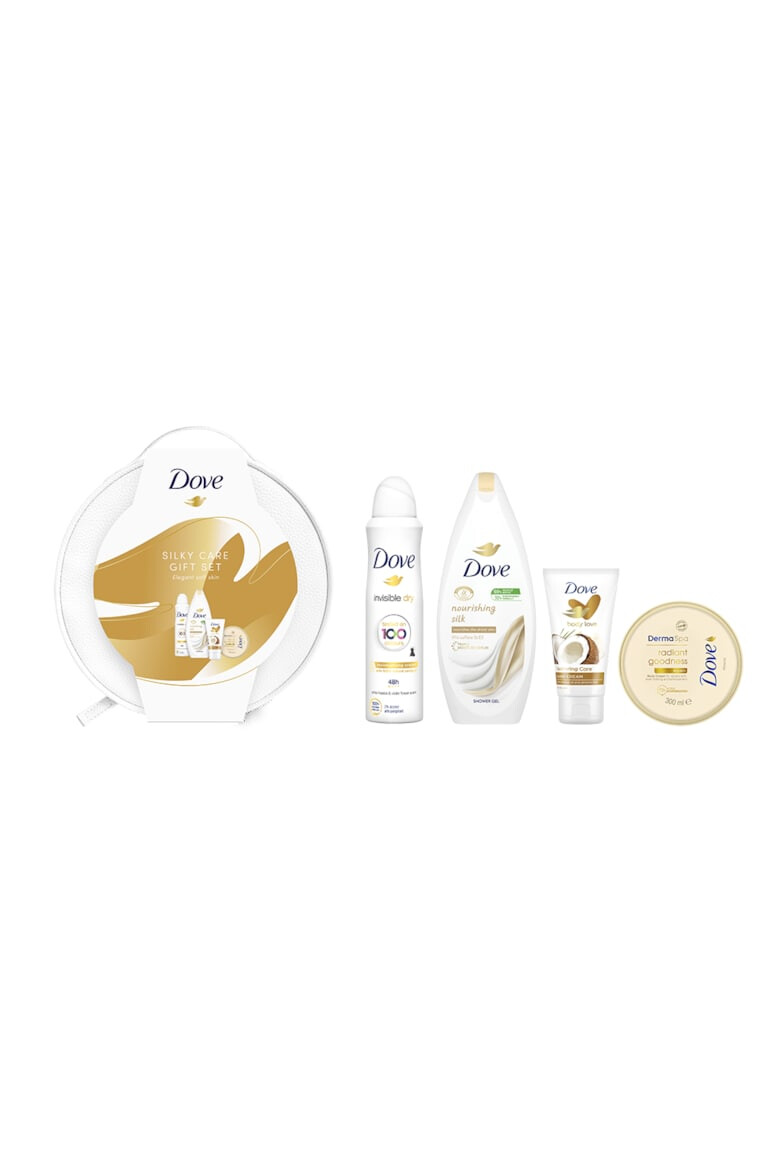 Dove Set Vanity: Geantă pentru cosmetice + Loțiune de corp Goodness 300 ml + antiperspirant spray 150 ml + Gel de duș Fine Silk 250 ml + Cremă de mâini Coconut Milk 75 ml - Pled.ro