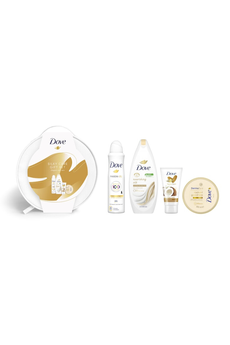 Dove Set Vanity: Geantă pentru cosmetice + Loțiune de corp Goodness 300 ml + antiperspirant spray 150 ml + Gel de duș Fine Silk 250 ml + Cremă de mâini Coconut Milk 75 ml - Pled.ro