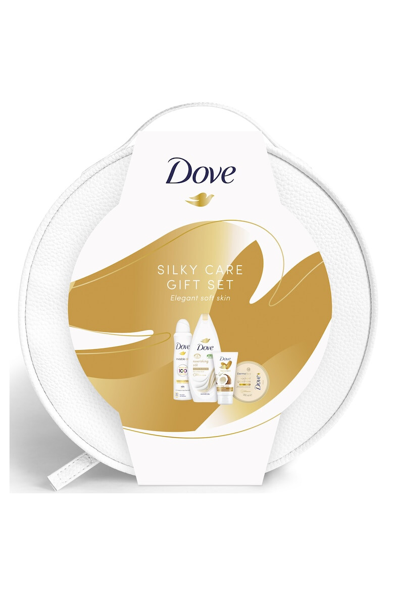 Dove Set Vanity: Geantă pentru cosmetice + Loțiune de corp Goodness 300 ml + antiperspirant spray 150 ml + Gel de duș Fine Silk 250 ml + Cremă de mâini Coconut Milk 75 ml - Pled.ro