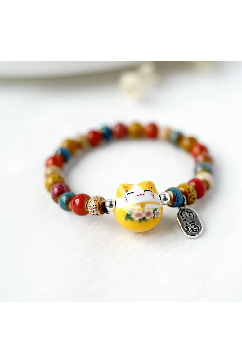 EFAYN.RO Bratara model cu margele si pisica simpatica tematica lucky cat elastica unisex EFAYN - Pled.ro