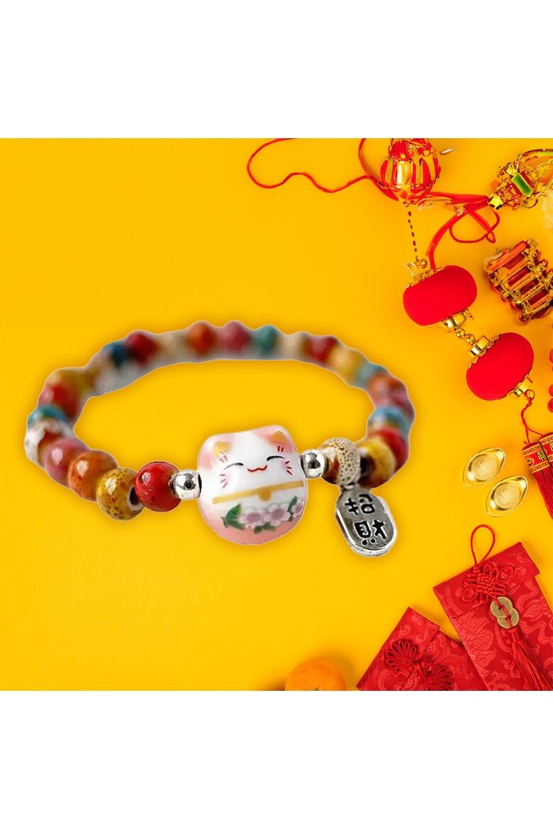 EFAYN.RO Bratara model cu margele si pisica simpatica tematica lucky cat elastica unisex EFAYN - Pled.ro