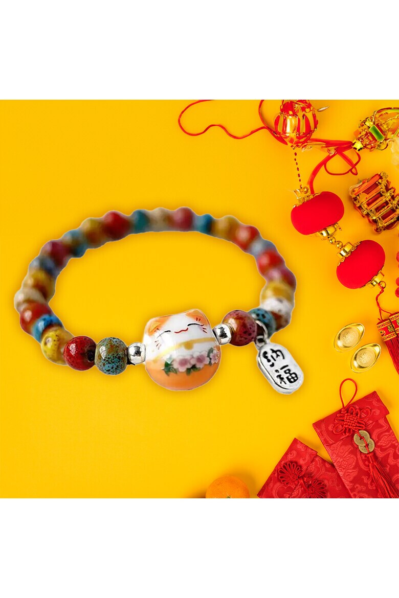 EFAYN.RO Bratara model cu margele si pisica simpatica tematica lucky cat elastica unisex EFAYN - Pled.ro