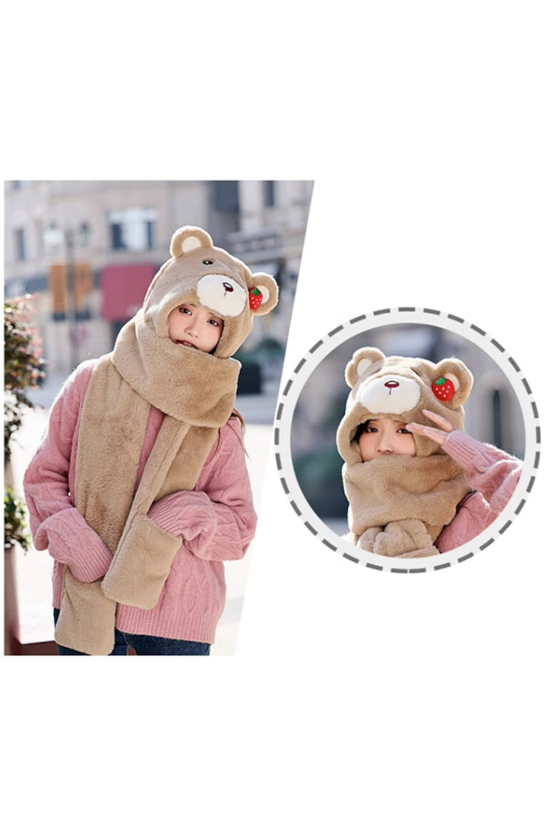 EFAYN.RO Caciula dama model cap de ursulet voluminos prelugire tip fular calduros cu loc special pentru maini tip manusi tematica happy bear marime universala EFAYN - Pled.ro