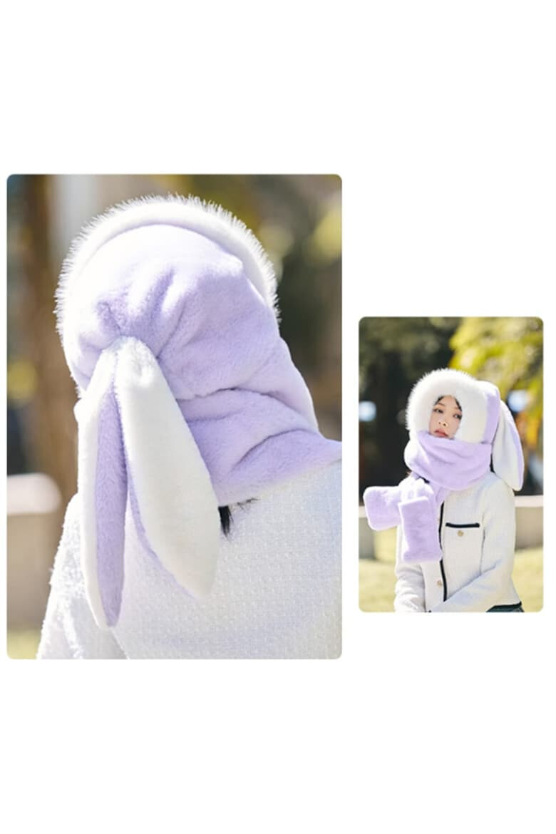 EFAYN.RO Caciula dama model cu urechiuse de iepuras prelungire fular calduros si spatiu pentru maini tip manusi tematica cute little bunny marime universala EFAYN - Pled.ro