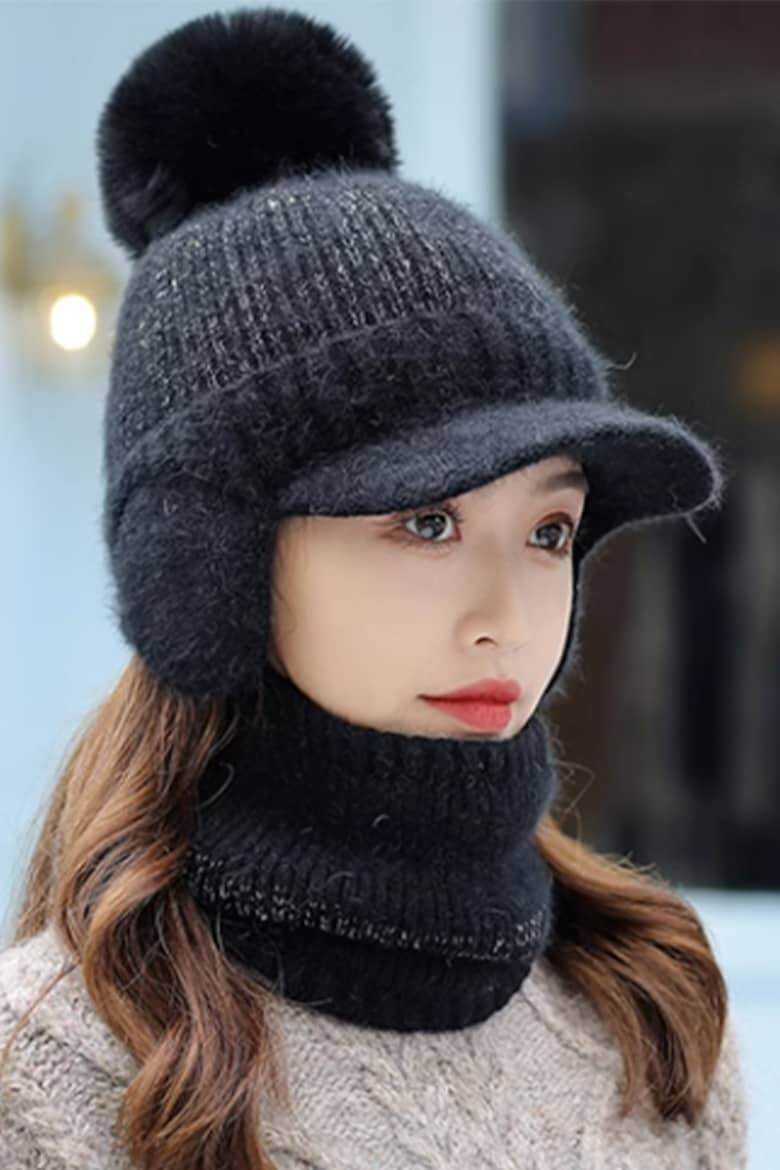 EFAYN.RO Caciula dama set doua piese model pom pom cu acoperitori pentru urechi si cozoroc curbat cu fular tip guler asortat tematica fashion winter marime universala EFAYN - Pled.ro