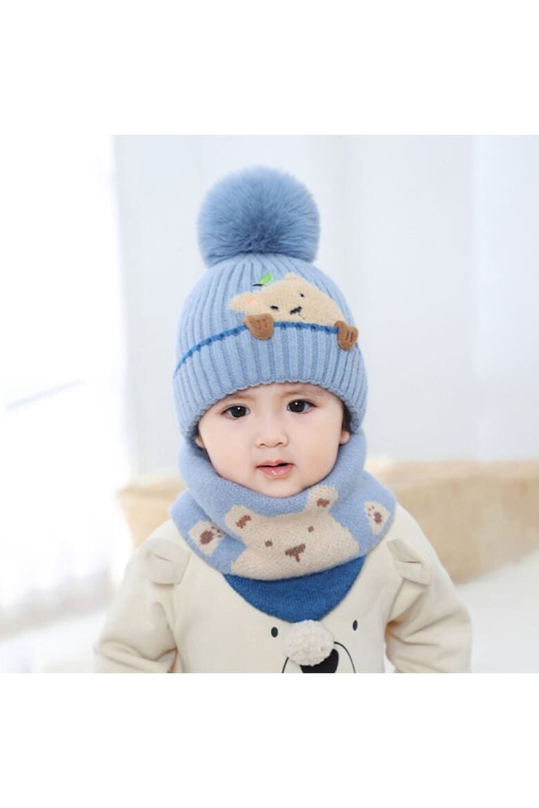 EFAYN.RO Caciula pentru copii set doua piese model pom pom cu ursulet curios fular asortat tip guler tematica I’m a friendly little bear 12 luni – 2 ani EFAYN - Pled.ro