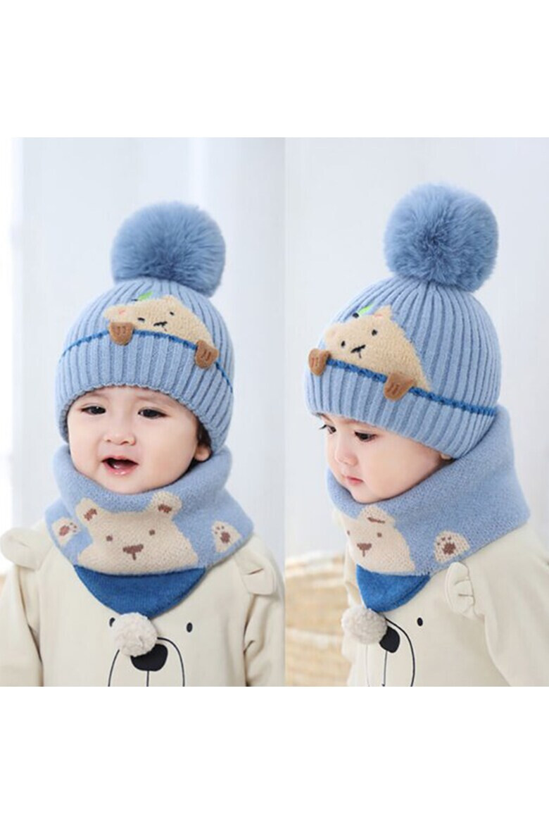 EFAYN.RO Caciula pentru copii set doua piese model pom pom cu ursulet curios fular asortat tip guler tematica I’m a friendly little bear 12 luni – 2 ani EFAYN - Pled.ro