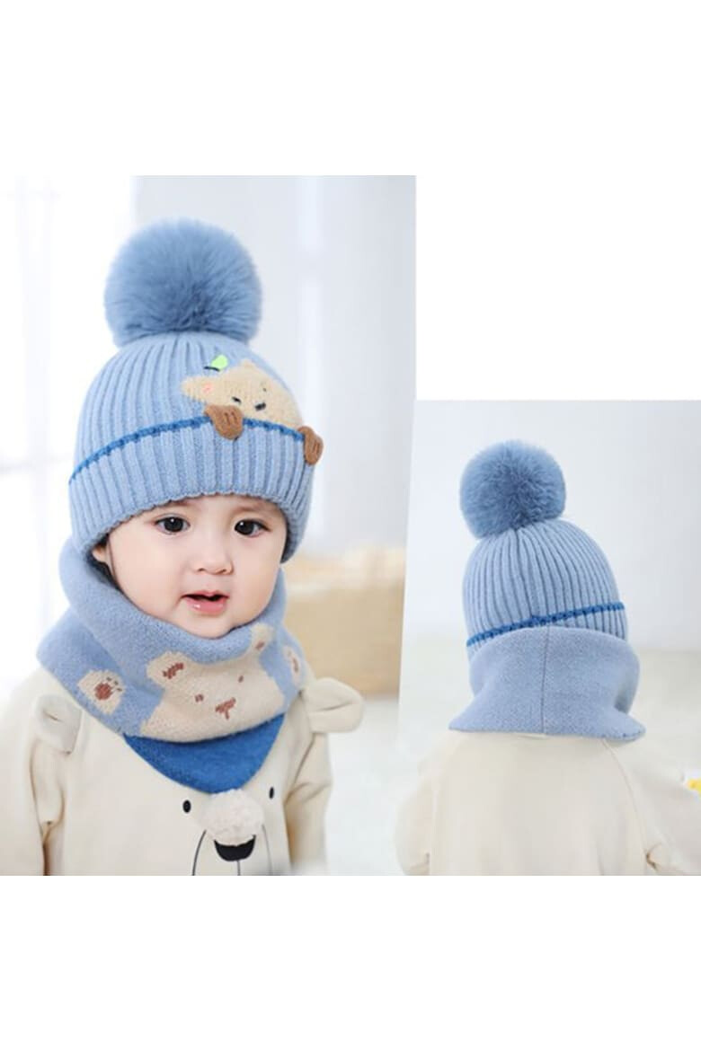 EFAYN.RO Caciula pentru copii set doua piese model pom pom cu ursulet curios fular asortat tip guler tematica I’m a friendly little bear 12 luni – 2 ani EFAYN - Pled.ro