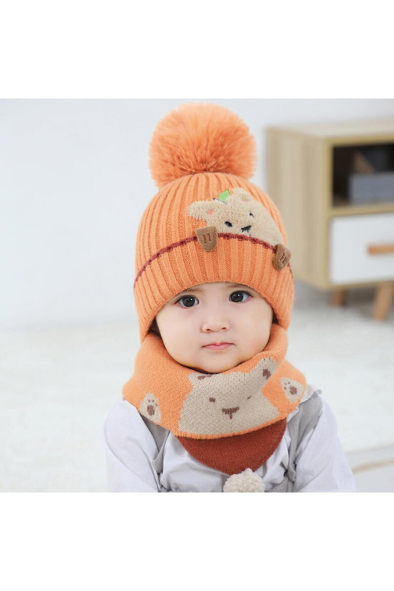 EFAYN.RO Caciula pentru copii set doua piese model pom pom cu ursulet curios fular asortat tip guler tematica I’m a friendly little bear 12 luni – 2 ani EFAYN - Pled.ro