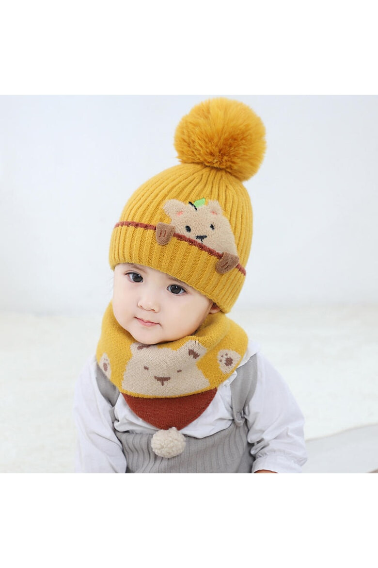 EFAYN.RO Caciula pentru copii set doua piese model pom pom cu ursulet curios fular asortat tip guler tematica I’m a friendly little bear 12 luni – 2 ani EFAYN - Pled.ro