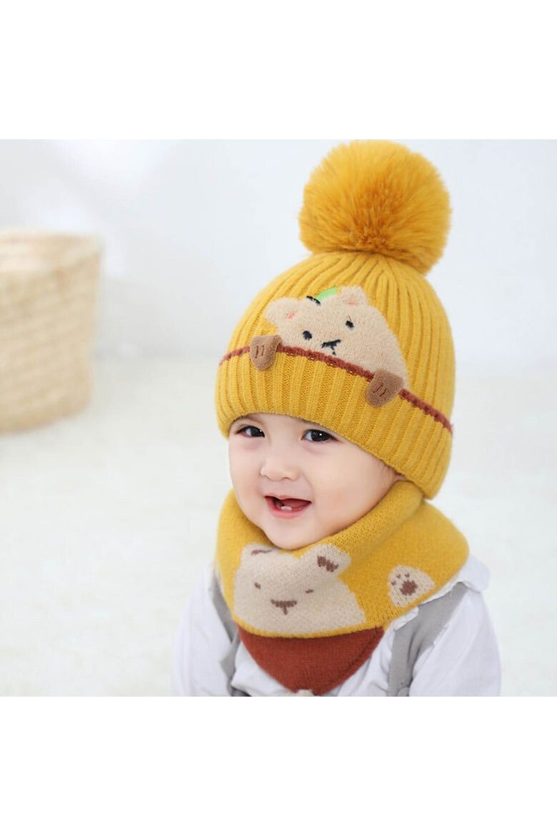 EFAYN.RO Caciula pentru copii set doua piese model pom pom cu ursulet curios fular asortat tip guler tematica I’m a friendly little bear 12 luni – 2 ani EFAYN - Pled.ro