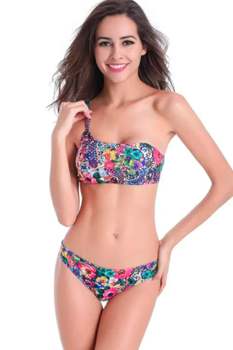 EFAYN.RO Costum de baie dama 2 piese cu imprimeu floral chilot clasic si sutien tip bustiera cu prindere pe un umar EFAYN - Pled.ro