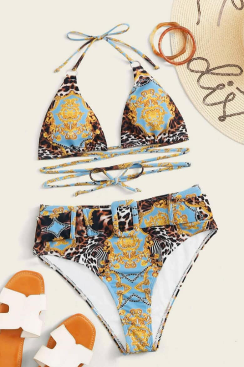 EFAYN.RO Costum de baie dama 2 piese imprimeu animal print sutien reglabil slip talie inalta brazilian cu catarama EFAYN - Pled.ro