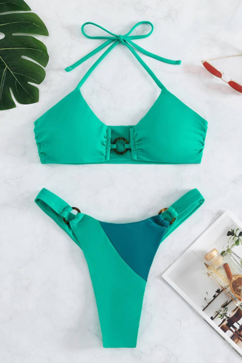 EFAYN.RO Costum de baie dama 2 piese model minimalist cu accesorii sutien prindere dupa gat si chilot decupaj tanga detaliu de contrast tematica hot bikini summer EFAYN - Pled.ro