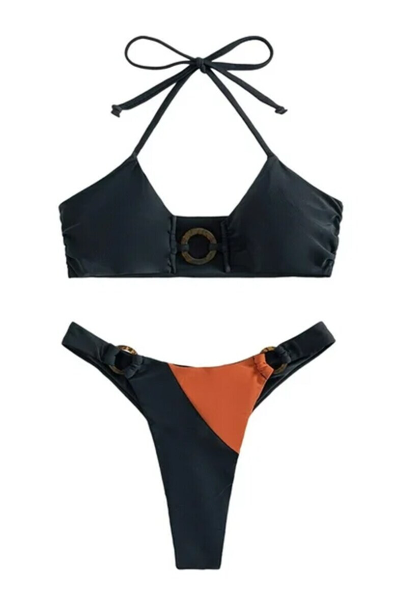 EFAYN.RO Costum de baie dama 2 piese model minimalist cu accesorii sutien prindere dupa gat si chilot decupaj tanga detaliu de contrast tematica hot bikini summer EFAYN - Pled.ro