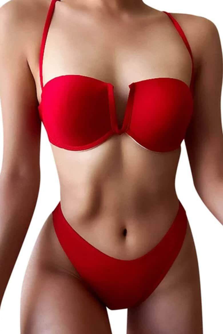 EFAYN.RO Costum de baie dama 2 piese model senzual sutien cu decolteu in V si chilot decupaj clasic croi ingust tematica red summer EFAYN - Pled.ro