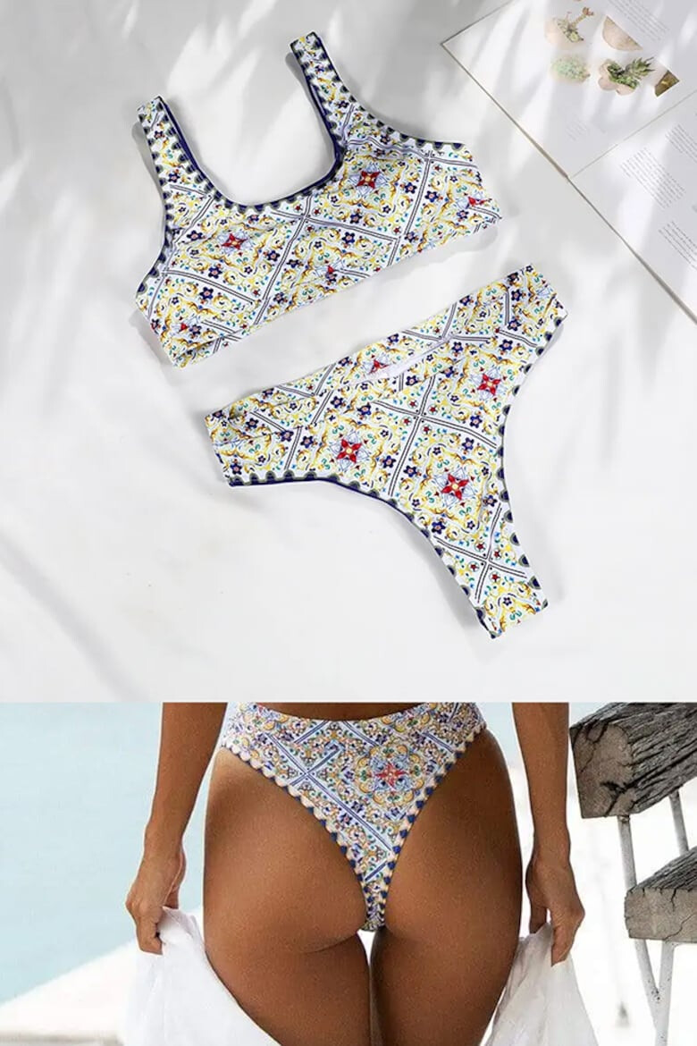 EFAYN.RO Costum de baie dama 2 piese model special cu imprimeu fashion sutien tip bustiera si chilot decupaj tanga si coapsa dezgolita tematica sexy summer EFAYN - Pled.ro