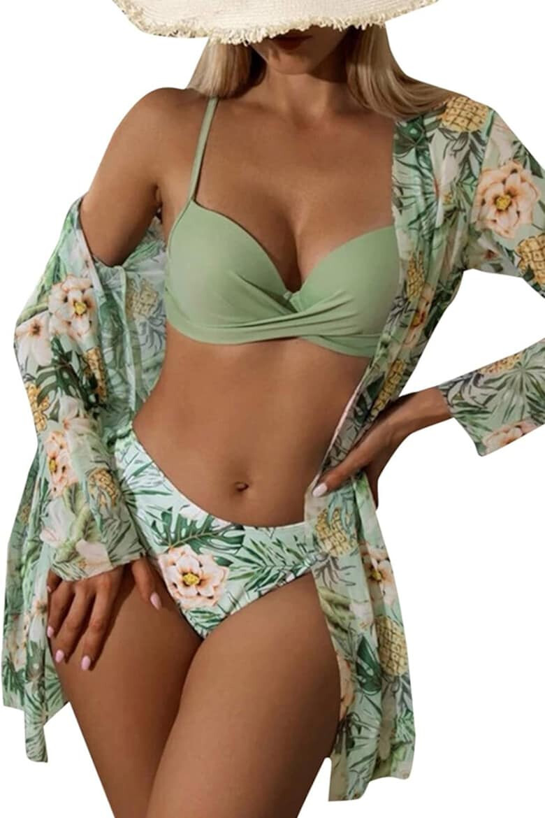 EFAYN.RO Costum de baie dama 3 piese model chic elegant sutien bretele reglabile chilot decupaj clasic si cover up asortat imprimeu floral tematica I love flowers EFAYN - Pled.ro