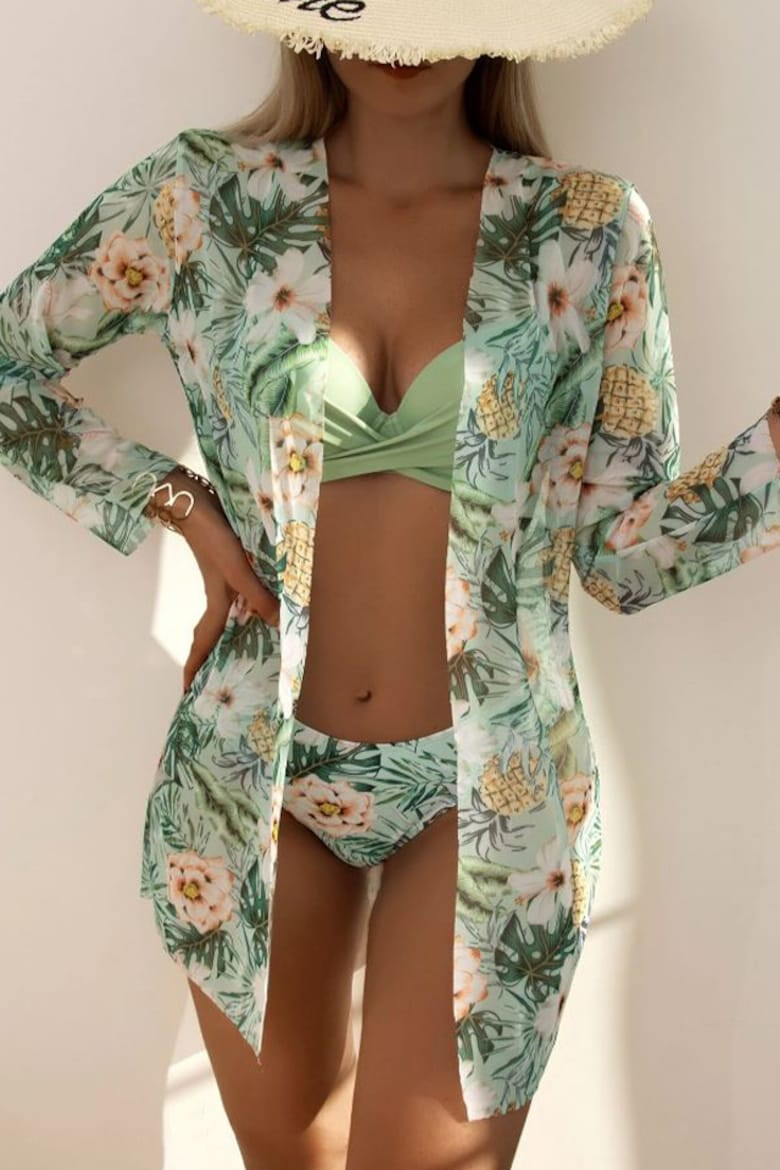 EFAYN.RO Costum de baie dama 3 piese model chic elegant sutien bretele reglabile chilot decupaj clasic si cover up asortat imprimeu floral tematica I love flowers EFAYN - Pled.ro