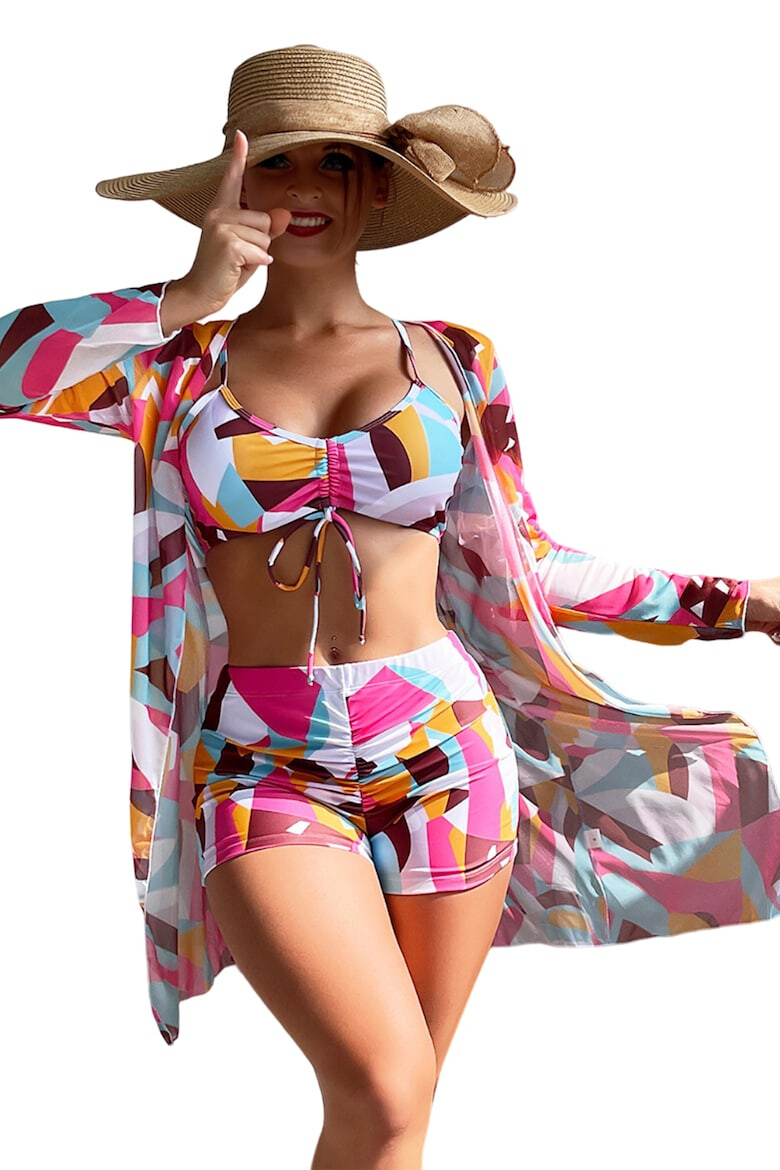 EFAYN.RO Costum de baie dama 3 piese model confortabil elegant pentru vara sutien tip bustiera chilot cu fronseu si cover up cu maneci lungi EFAYN - Pled.ro