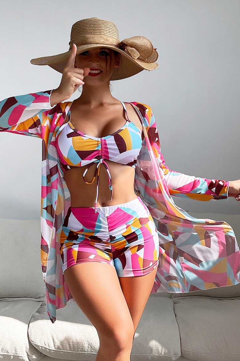 EFAYN.RO Costum de baie dama 3 piese model confortabil elegant pentru vara sutien tip bustiera chilot cu fronseu si cover up cu maneci lungi EFAYN - Pled.ro