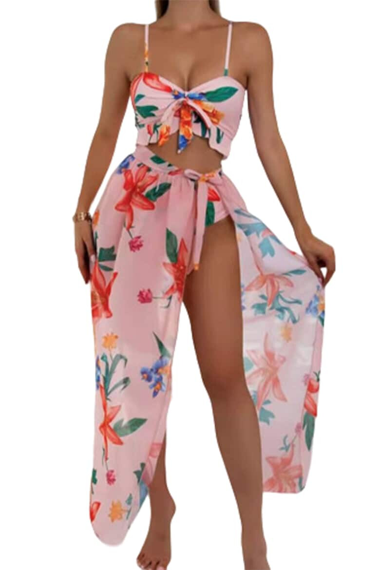 EFAYN.RO Costum de baie dama 3 piese model vesel cu imprimeu floral top tip bustiera chilot talie inalta si coverup tip fusta asortata tematica I love flowers EFAYN - Pled.ro