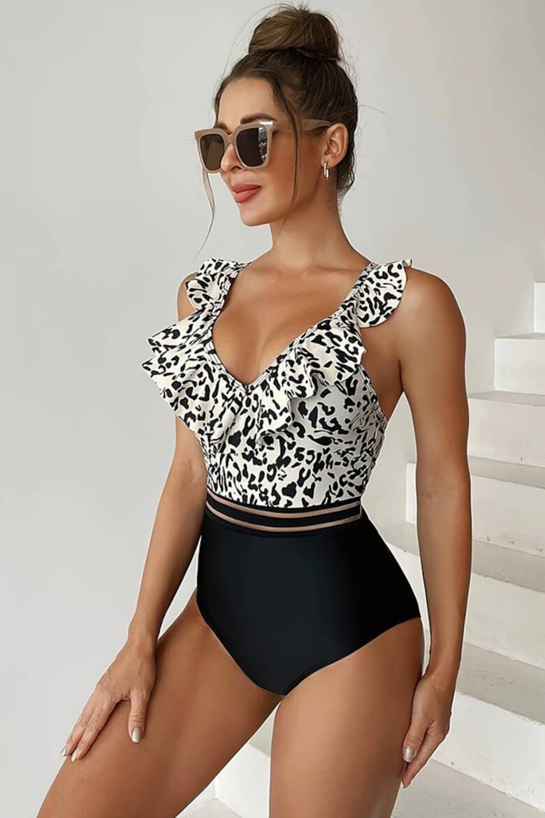 EFAYN.RO Costum de baie dama o piesa model cozy cu volanas la decolteu imprimeu animal print tematica wild summer EFAYN - Pled.ro