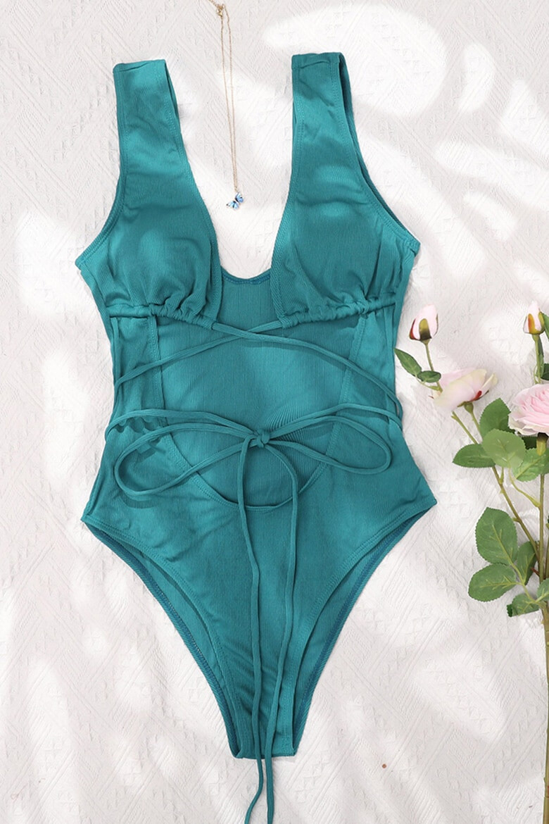 EFAYN.RO Costum de baie dama o piesa model sexy tropical green cu decolteu adanc in V reglabil EFAYN - Pled.ro