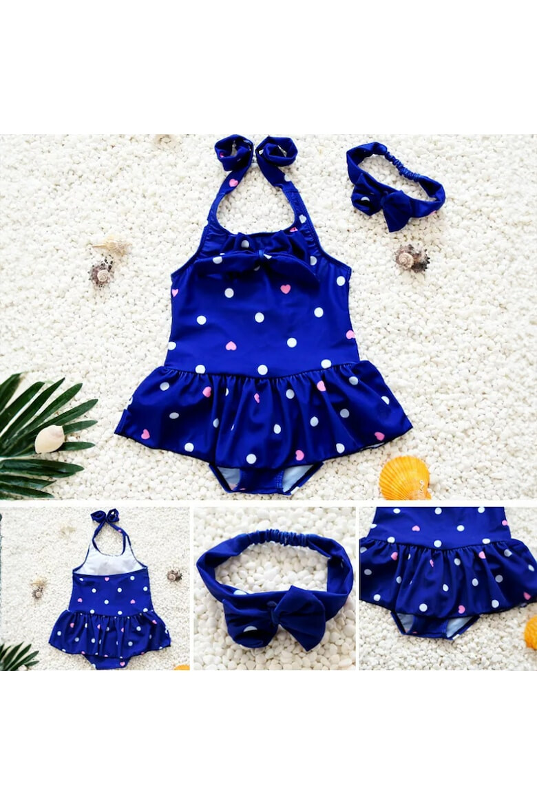 EFAYN.RO Costum de baie pentru fetite accesorizat cu bentita elastica prindere reglabila dupa gat model body tip fustita tematica buline vesele EFAYN - Pled.ro