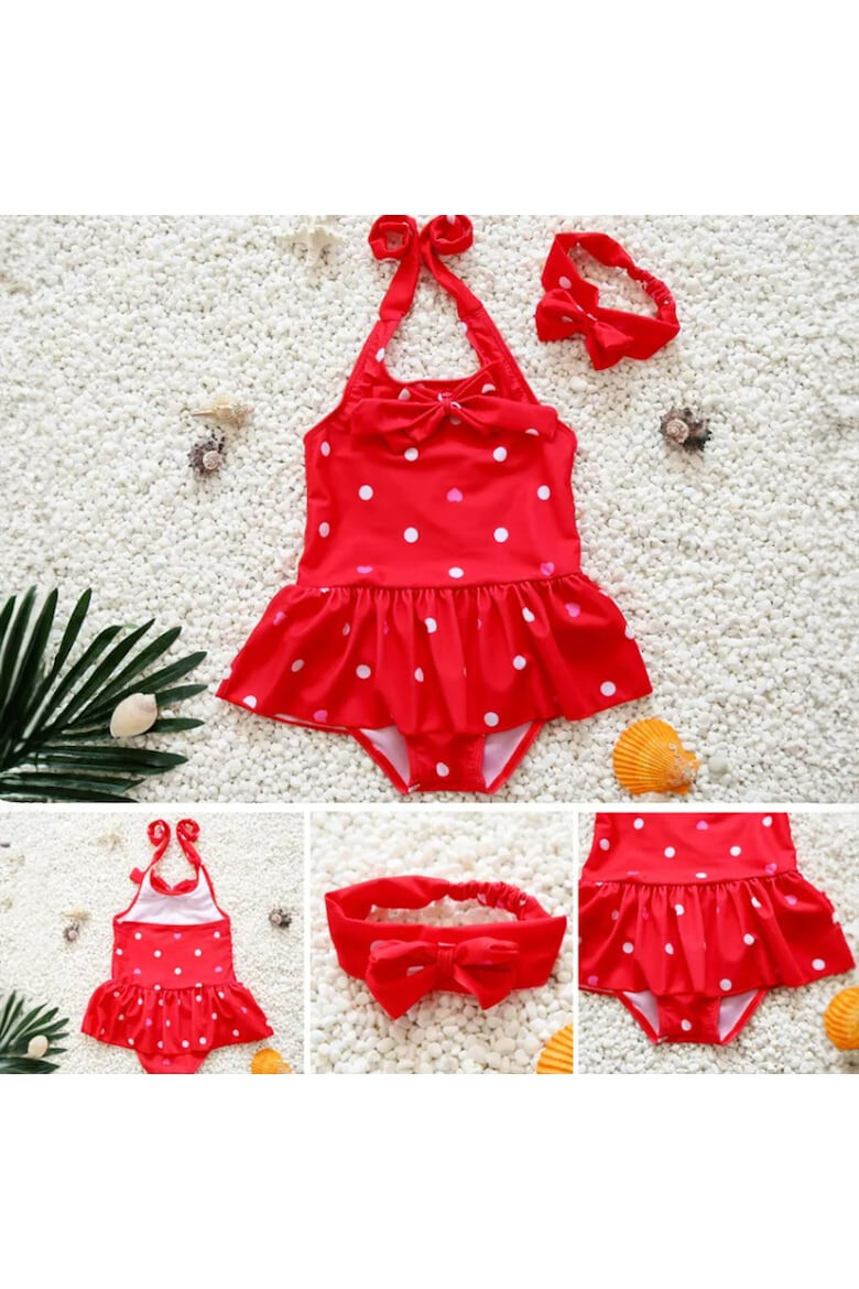 EFAYN.RO Costum de baie pentru fetite accesorizat cu bentita elastica prindere reglabila dupa gat model body tip fustita tematica buline vesele EFAYN - Pled.ro