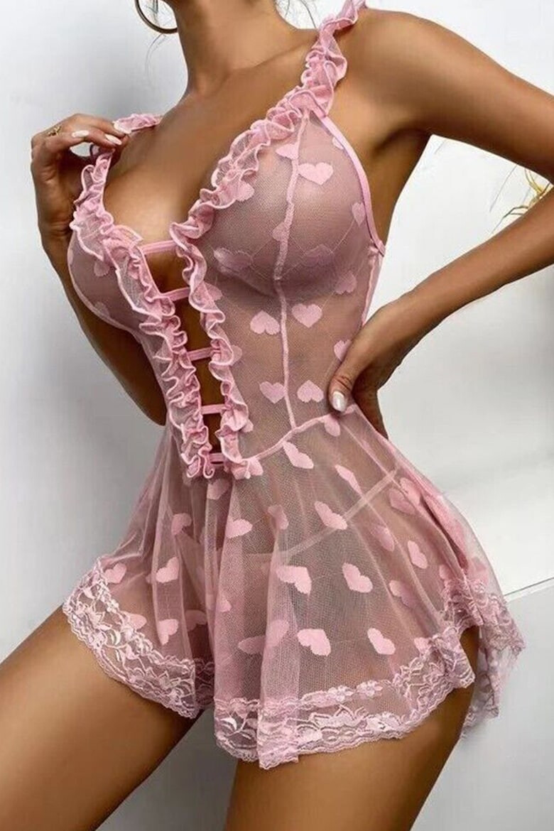 EFAYN.RO Lenjerie sexy dama rochie cu bretele si decolteu in V model cute romantic hearts imprimeu inimioare EFAYN - Pled.ro