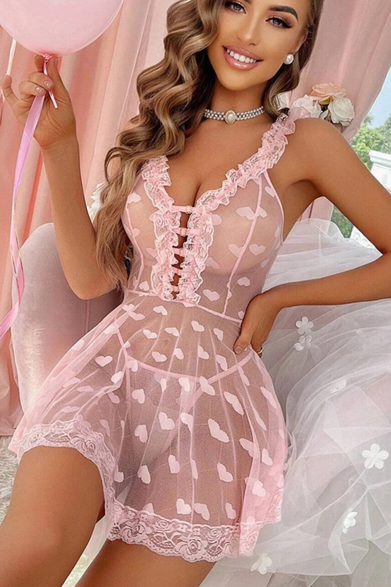 EFAYN.RO Lenjerie sexy dama rochie cu bretele si decolteu in V model cute romantic hearts imprimeu inimioare EFAYN - Pled.ro