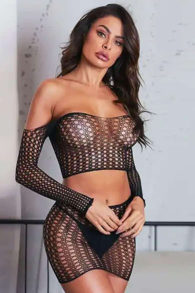 EFAYN.RO Lenjerie sexy dama set 2 piese top cu umeri goi maneci lungi si fusta scurta model provocator mulat tematica felling hot EFAYN - Pled.ro