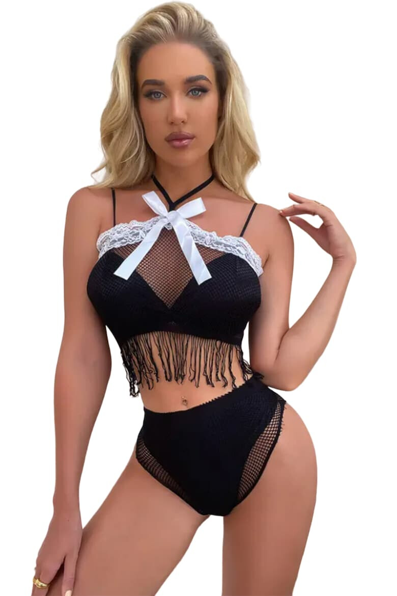 EFAYN.RO Lenjerie sexy dama set 2 piese top scurt cu franjuri detaliu de contrast si chilot talie inalta model semitransparent senzual EFAYN - Pled.ro