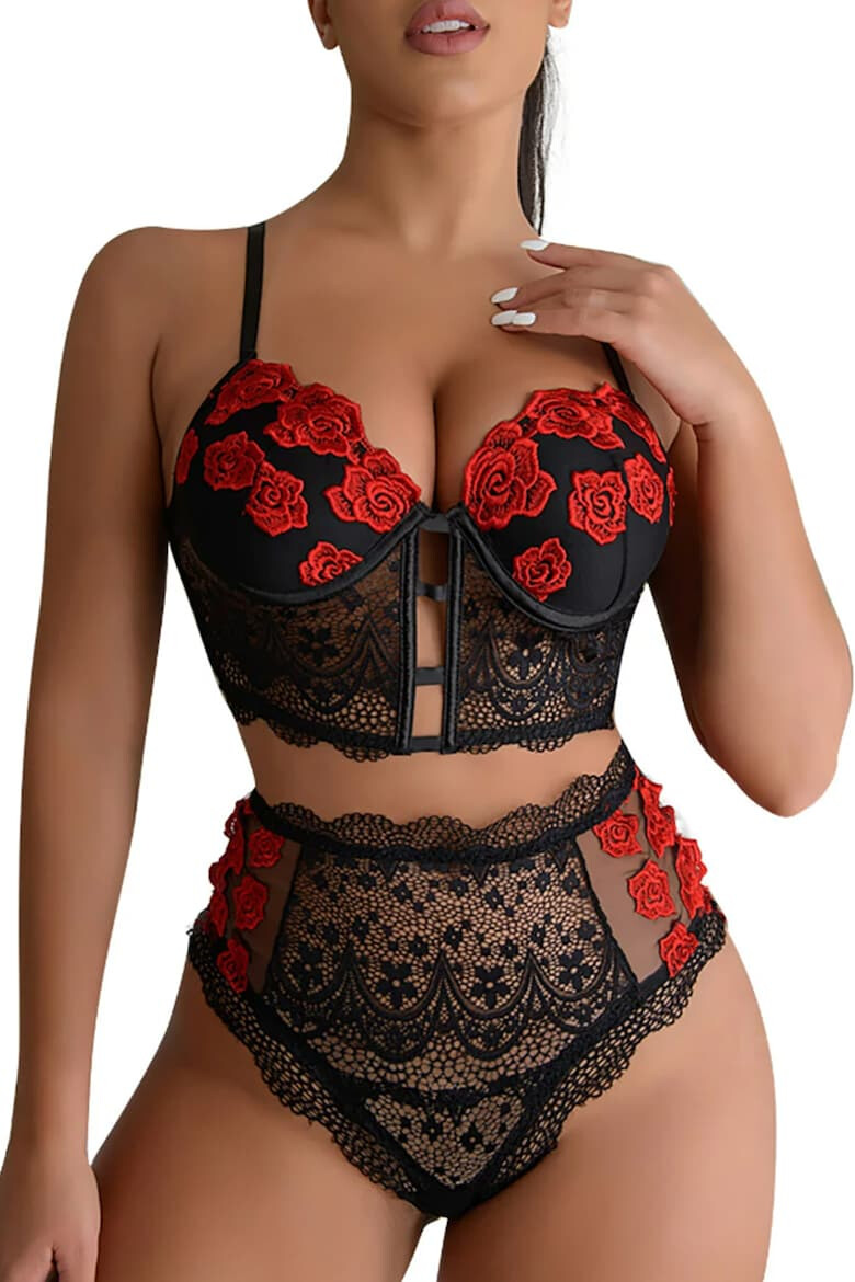 EFAYN.RO Lenjerie sexy dama set 2 piese top tip corset si chiloti cu talie inalta model flori romantice EFAYN - Pled.ro