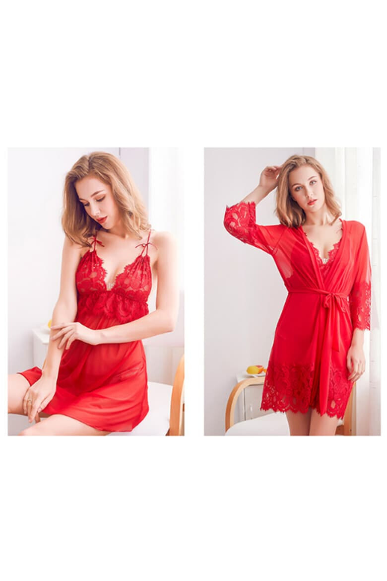 EFAYN.RO Lenjerie sexy dama set 3 piese rochie cupe triunghiulare chilot tanga si halat elegant cu cordon si margini din dantela model delicat senzual EFAYN - Pled.ro