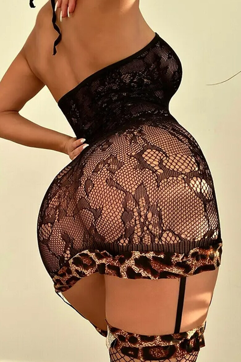 EFAYN.RO Lenjerie sexy dama set 3 piese rochie mulata cu fermoar si portjartiere chilot tanga si ciorapi plasa asortati model animal print EFAYN - Pled.ro