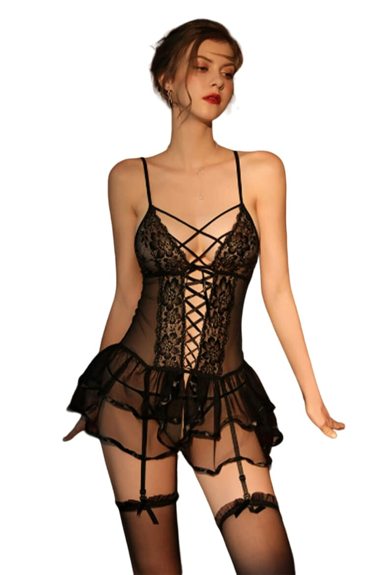 EFAYN.RO Lenjerie sexy dama set 3 piese rochie tip corset cu fustita si portjartier ciorapi si chilot tanga tematica it’s all about last night model romantic senzual EFAYN - Pled.ro