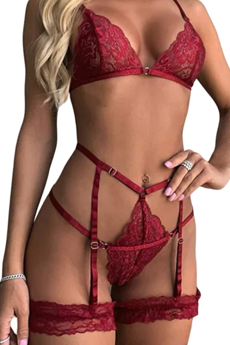 EFAYN.RO Lenjerie sexy dama set 3 piese sutien cupe triunghiulare si chilot tanga seducator cu portjartiere model senzual delicat tematica pretty and cute EFAYN - Pled.ro