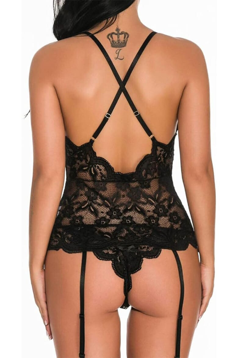 EFAYN.RO Lenjerie sexy dama set 3 piese top senzual cu portjartiere chilot decupaj normal croi ingust si ciorapi model delicat incitant tematica hot night EFAYN - Pled.ro