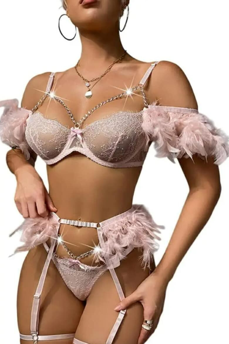 EFAYN.RO Lenjerie sexy dama set 4 piese sutien si chiloti accesorizate cu lant si pene model fashion provocator tematica ready to fly EFAYN - Pled.ro