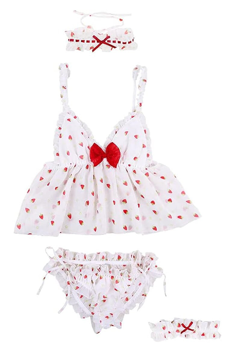 EFAYN.RO Lenjerie sexy dama set 4 piese top tip maieu cu fundita chilot reglabil accesorii pentru picior choker model capsuni delicate tematica strawberry love EFAYN - Pled.ro