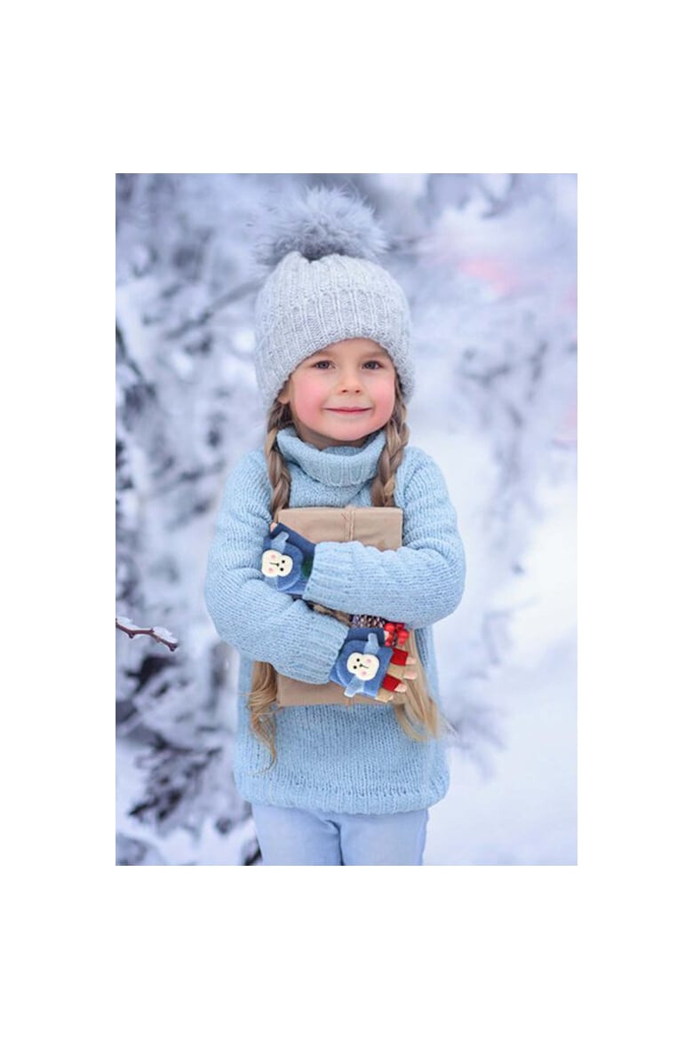 EFAYN.RO Manusi pentru copii model cu degetele descoperite si capac decapotabil prindere cu nasturel accesorizate cu maimutica haioasa manseta elastica tematica happy winter EFAYN - Pled.ro