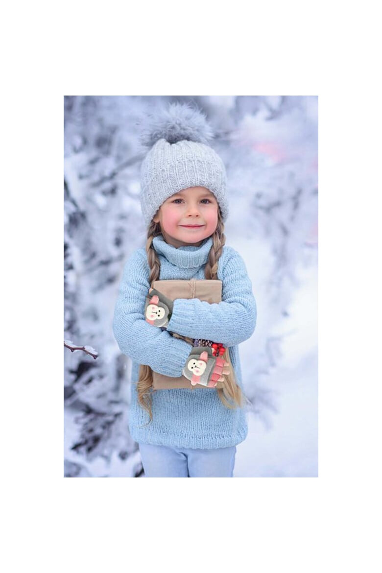 EFAYN.RO Manusi pentru copii model cu degetele descoperite si capac decapotabil prindere cu nasturel accesorizate cu maimutica haioasa manseta elastica tematica happy winter EFAYN - Pled.ro