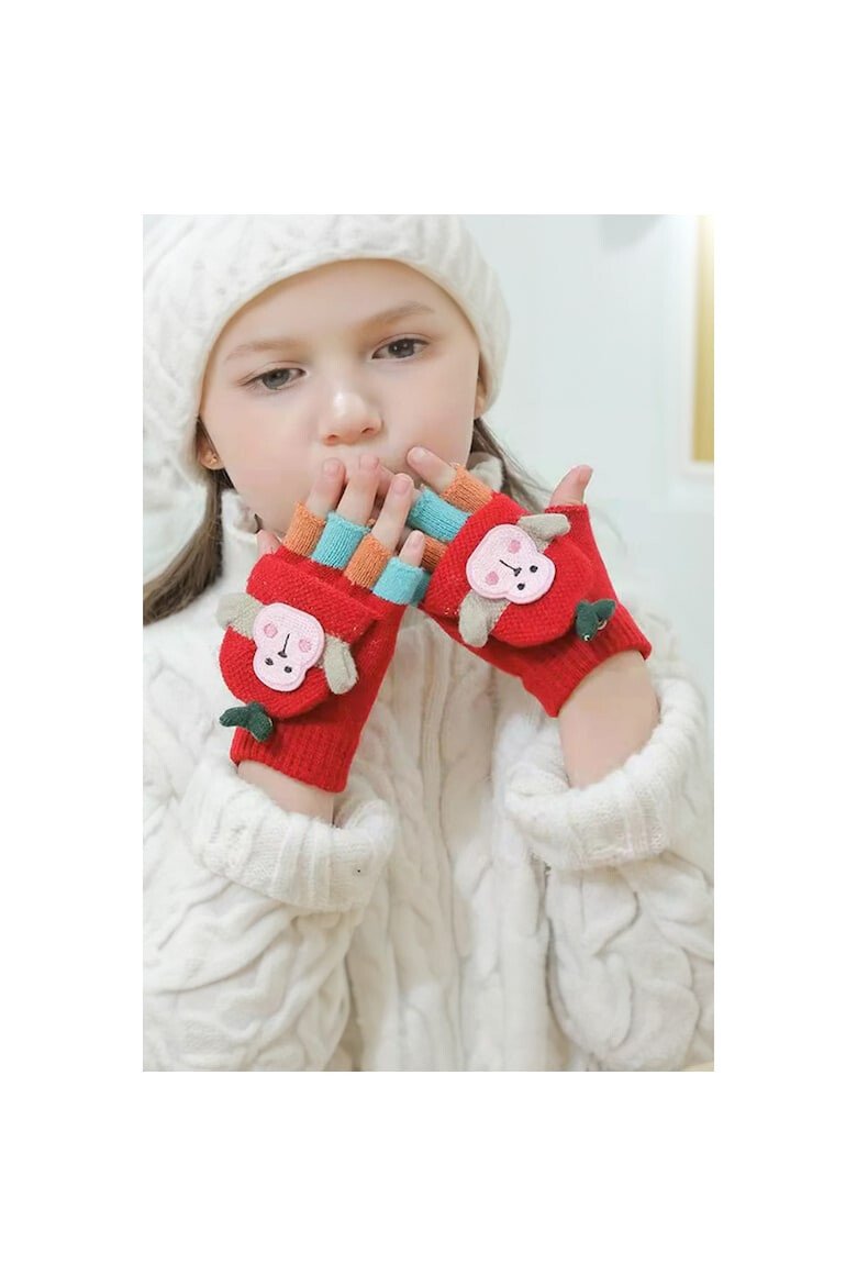 EFAYN.RO Manusi pentru copii model cu degetele descoperite si capac decapotabil prindere cu nasturel accesorizate cu maimutica haioasa manseta elastica tematica happy winter EFAYN - Pled.ro