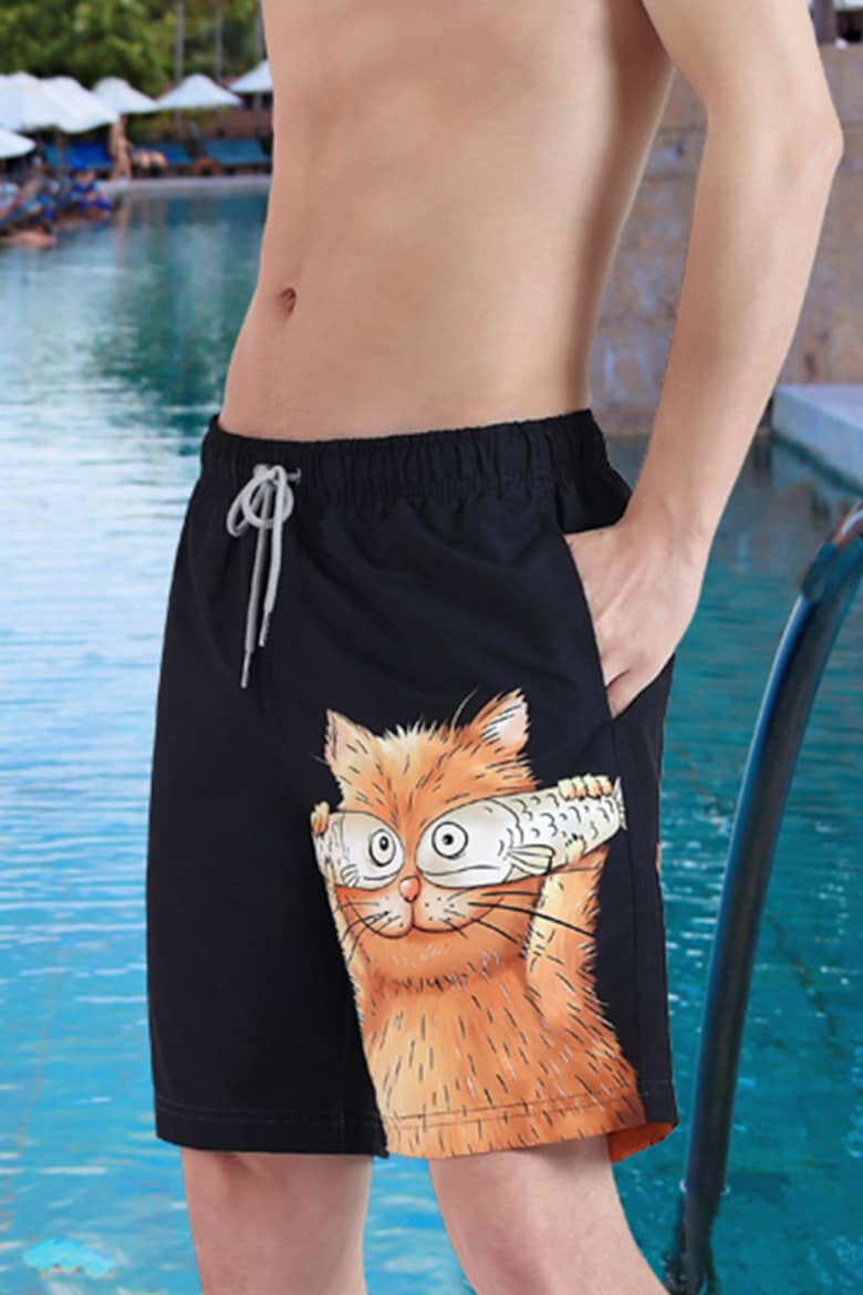 EFAYN.RO Pantaloni scurti de baie tip sort barbati model super cat imprimeu pisica nebuna uscare rapida EFAYN - Pled.ro