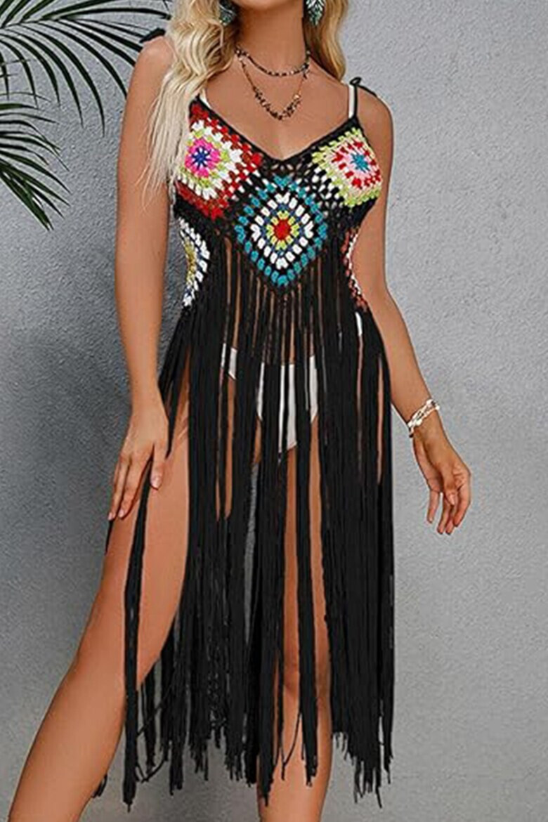 EFAYN.RO Pareo tip rochie pentru plaja model cu franjuri transparent tesatura traditionala tematica crazy retro summer EFAYN - Pled.ro